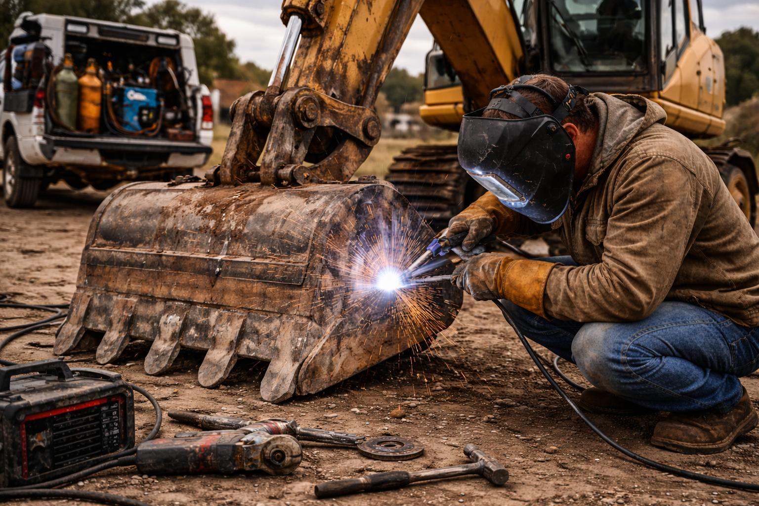 Mobile welding repair on heavy equipment at a jobsite