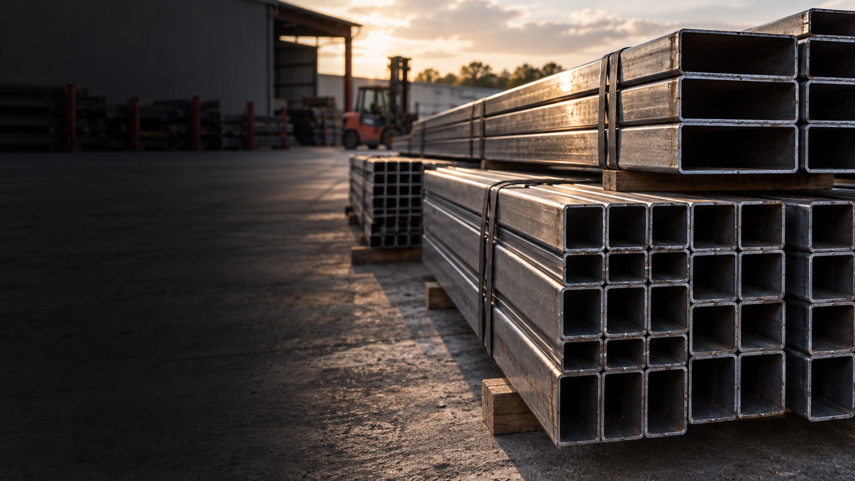 Bundled square and rectangular steel tubing in a metals yard